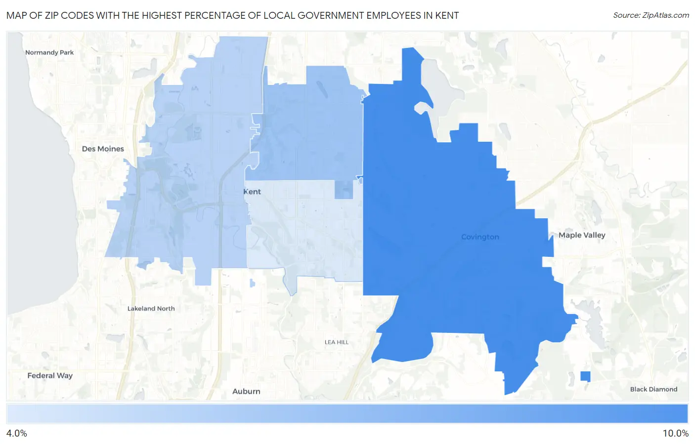 Zip Codes with the Highest Percentage of Local Government Employees in Kent Map