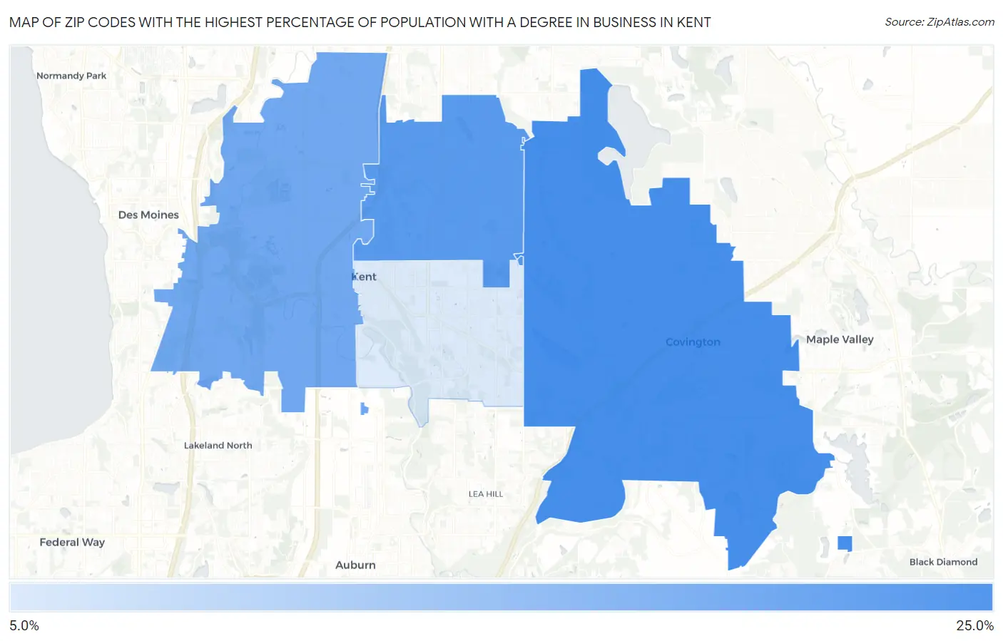 Zip Codes with the Highest Percentage of Population with a Degree in Business in Kent Map