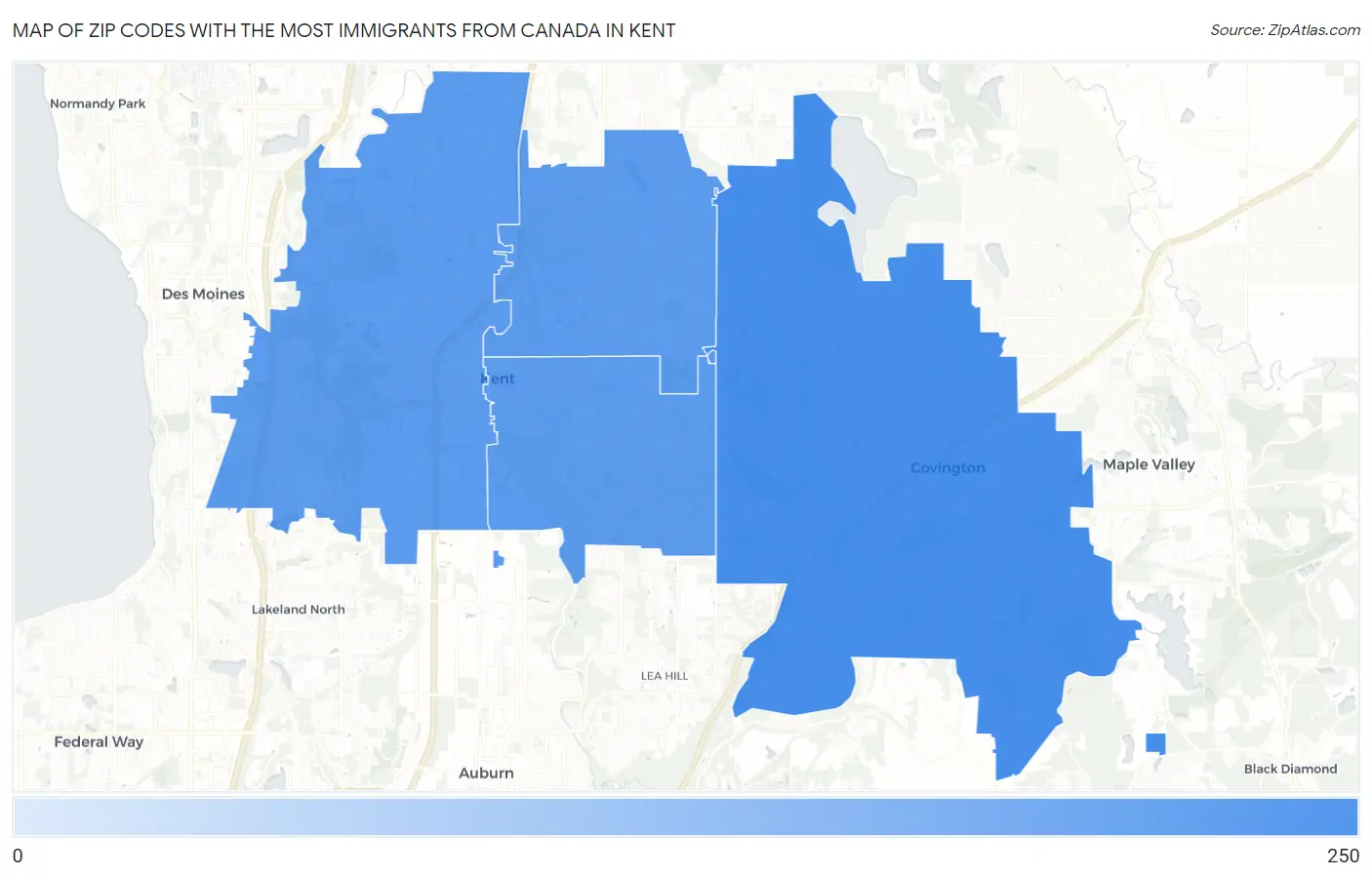 Zip Codes with the Most Immigrants from Canada in Kent Map
