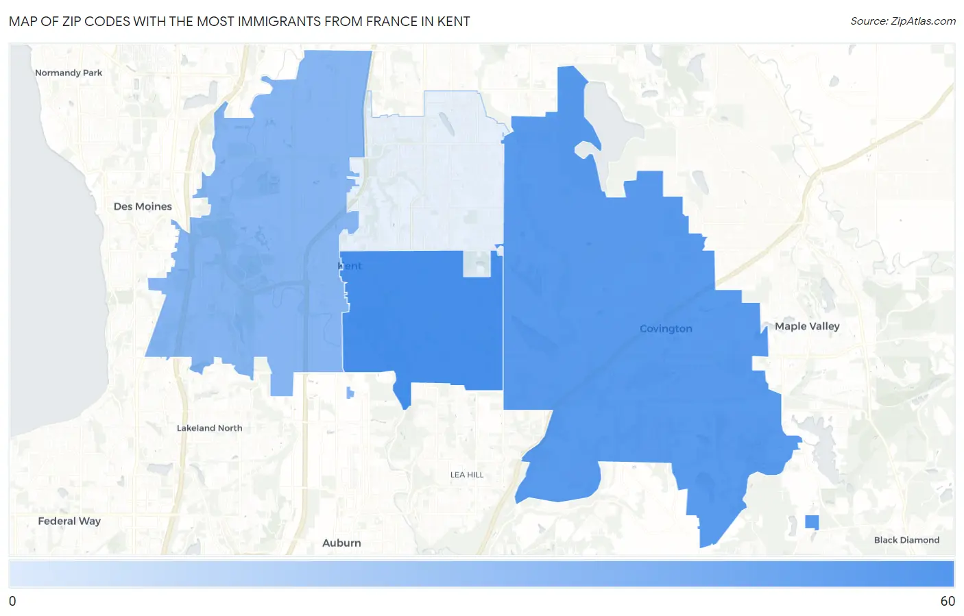 Zip Codes with the Most Immigrants from France in Kent Map