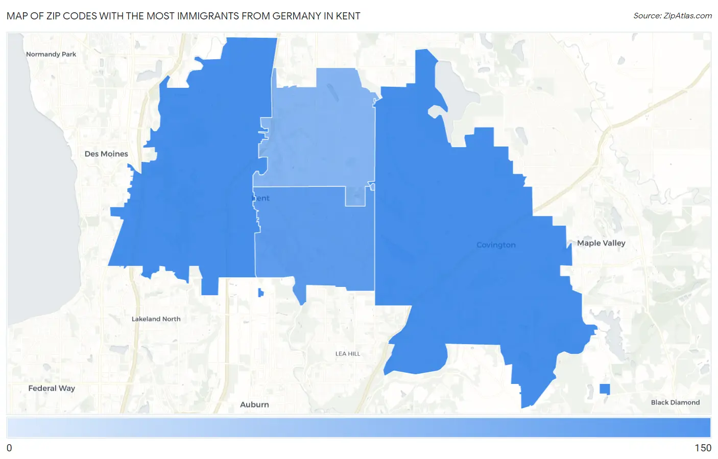 Zip Codes with the Most Immigrants from Germany in Kent Map
