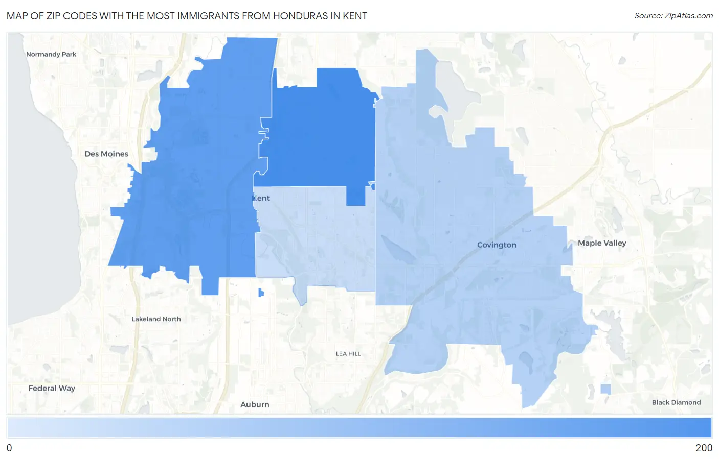Zip Codes with the Most Immigrants from Honduras in Kent Map