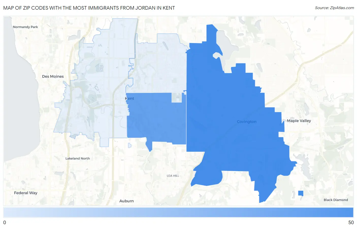 Zip Codes with the Most Immigrants from Jordan in Kent Map