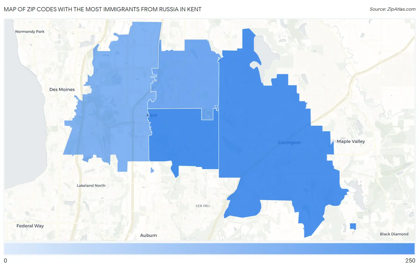 Zip Codes with the Most Immigrants from Russia in Kent Map