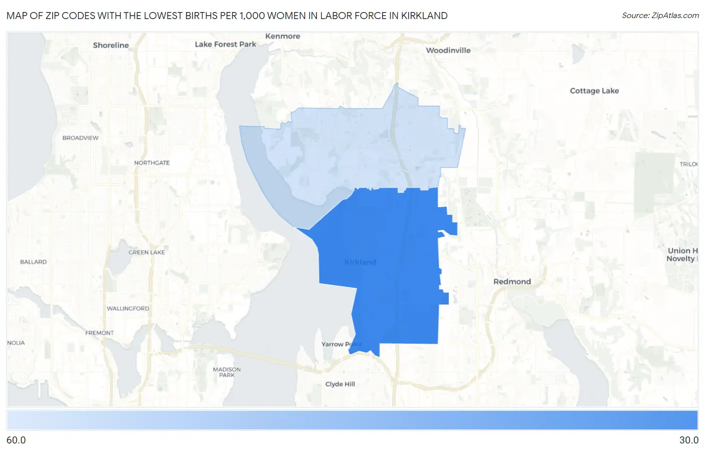 Zip Codes with the Lowest Births per 1,000 Women in Labor Force in Kirkland Map