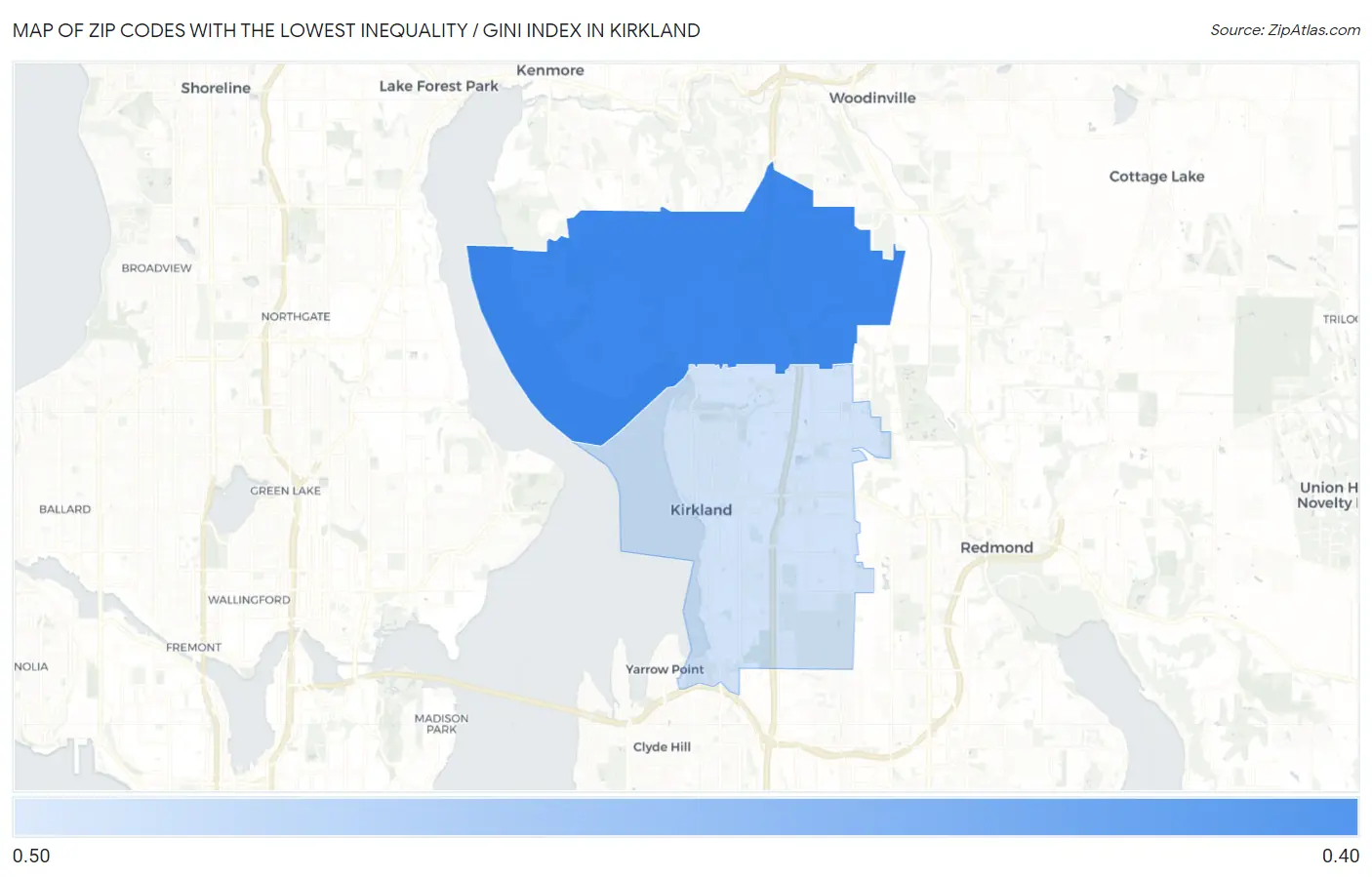Zip Codes with the Lowest Inequality / Gini Index in Kirkland Map