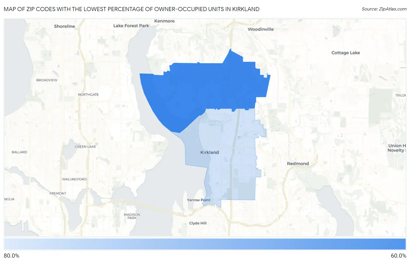 Zip Codes with the Lowest Percentage of Owner-Occupied Units in Kirkland Map