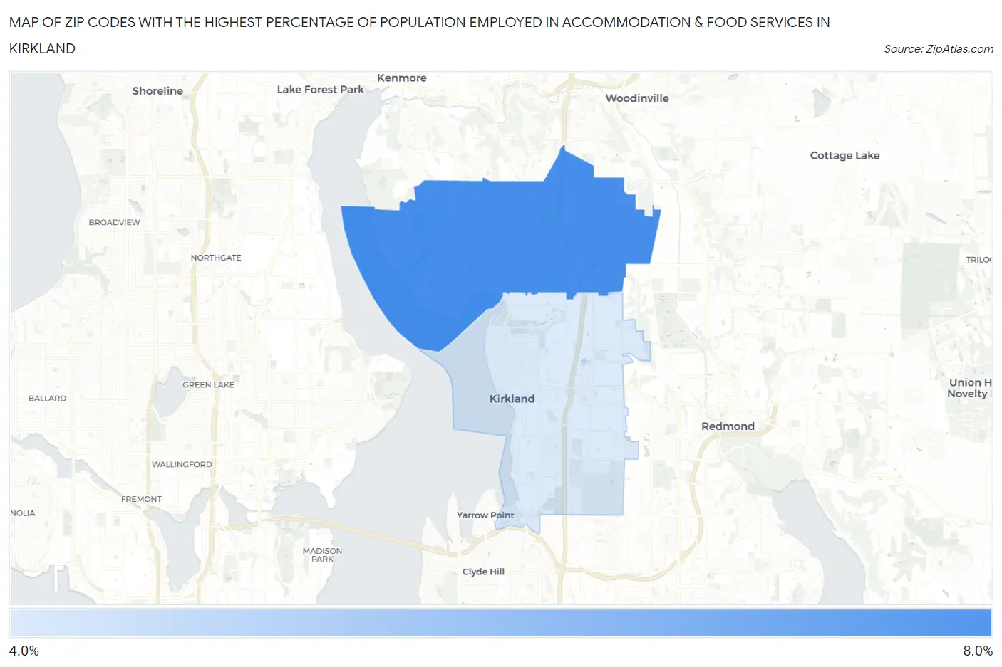 Zip Codes with the Highest Percentage of Population Employed in Accommodation & Food Services in Kirkland Map