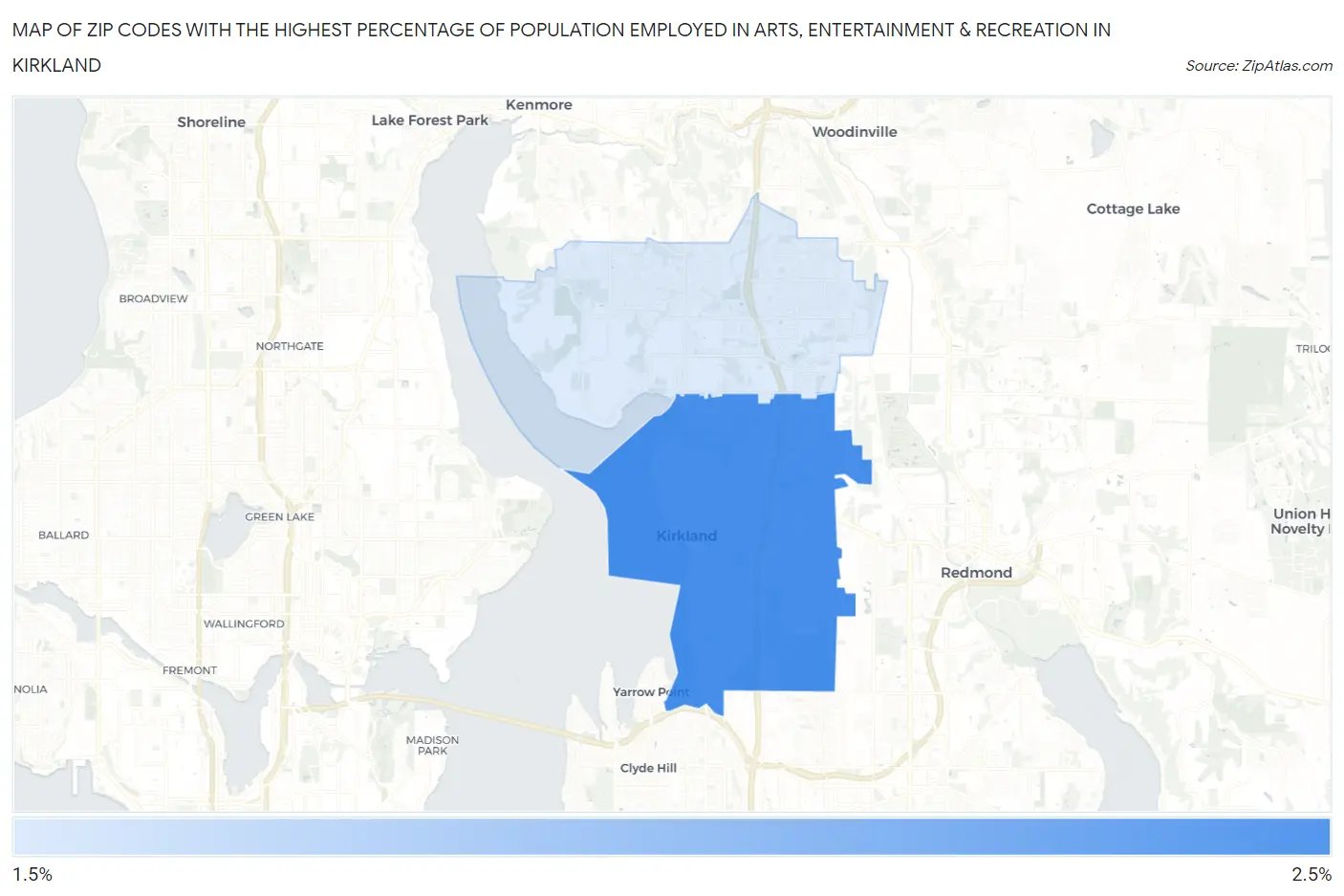 Zip Codes with the Highest Percentage of Population Employed in Arts, Entertainment & Recreation in Kirkland Map
