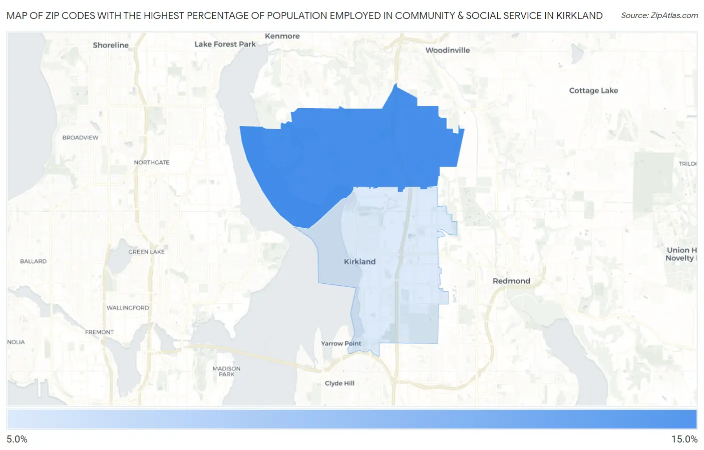 Zip Codes with the Highest Percentage of Population Employed in Community & Social Service  in Kirkland Map