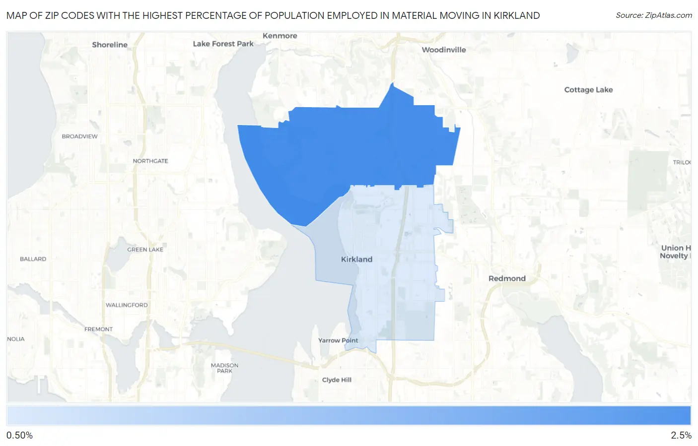 Zip Codes with the Highest Percentage of Population Employed in Material Moving in Kirkland Map