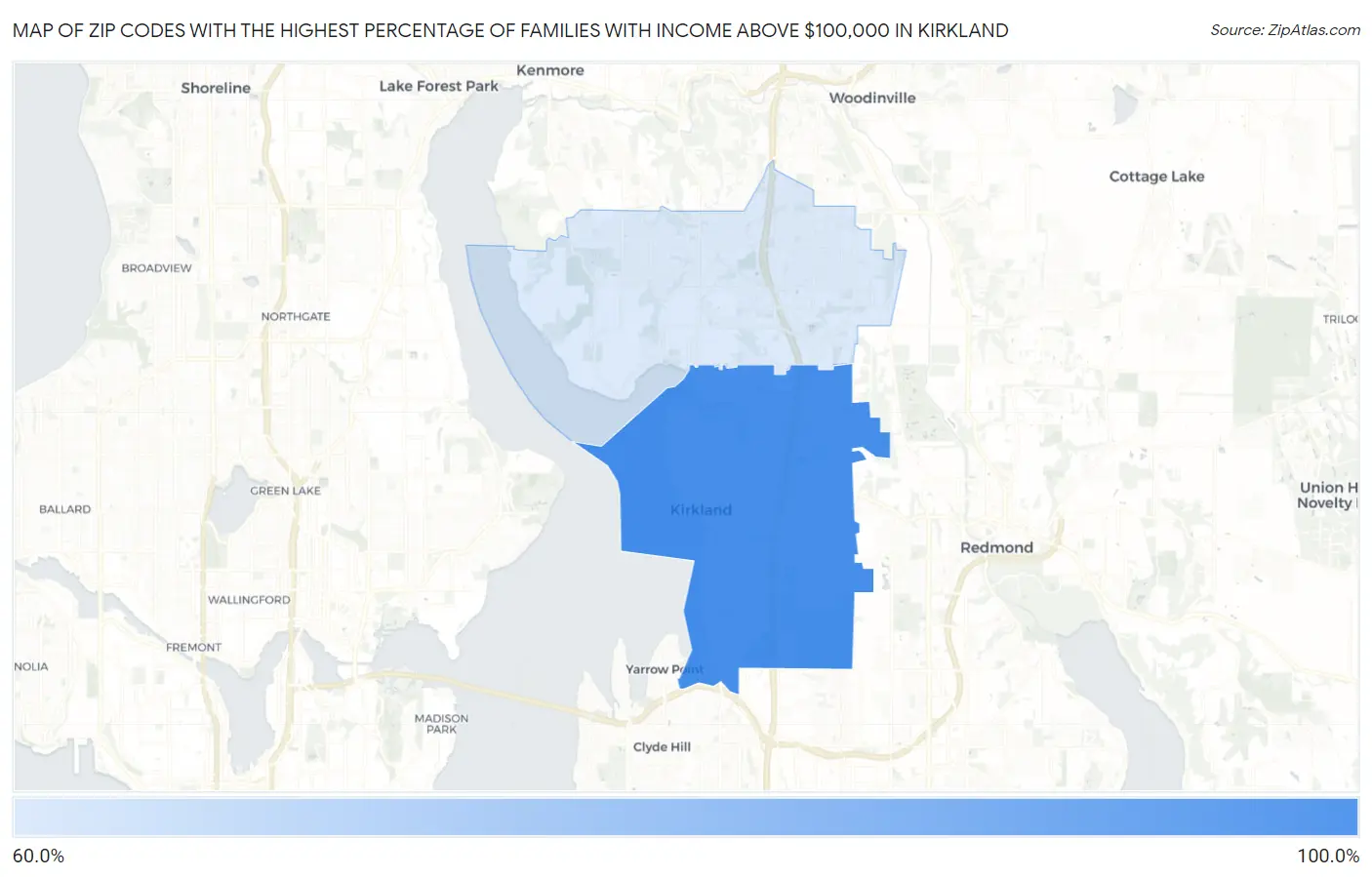 Zip Codes with the Highest Percentage of Families with Income Above $100,000 in Kirkland Map
