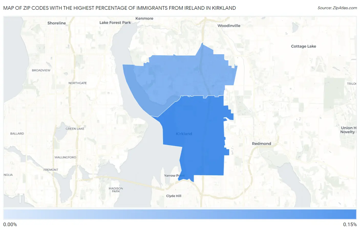 Zip Codes with the Highest Percentage of Immigrants from Ireland in Kirkland Map