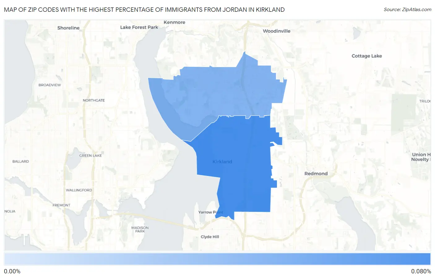 Zip Codes with the Highest Percentage of Immigrants from Jordan in Kirkland Map