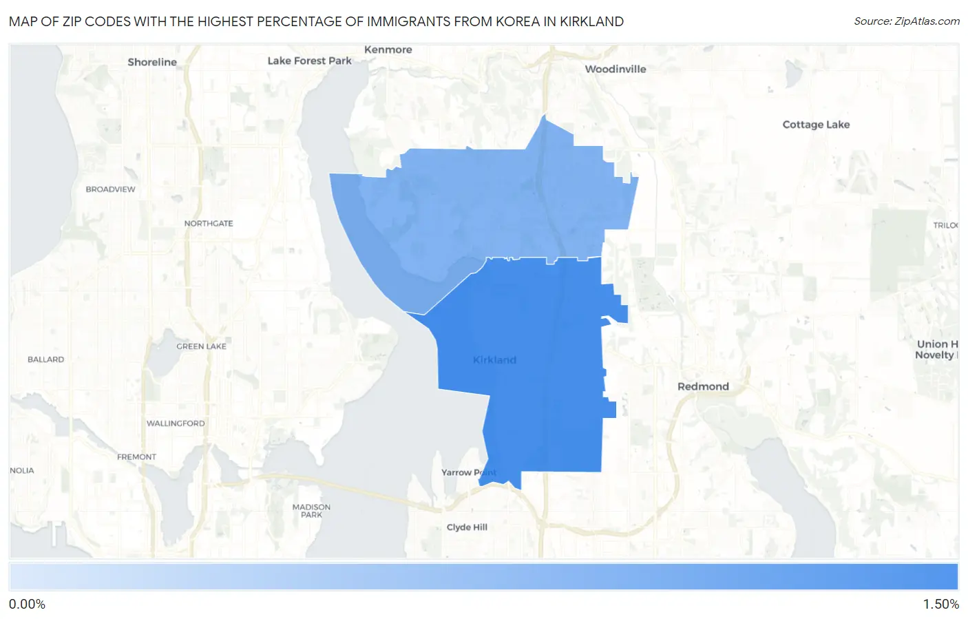 Zip Codes with the Highest Percentage of Immigrants from Korea in Kirkland Map
