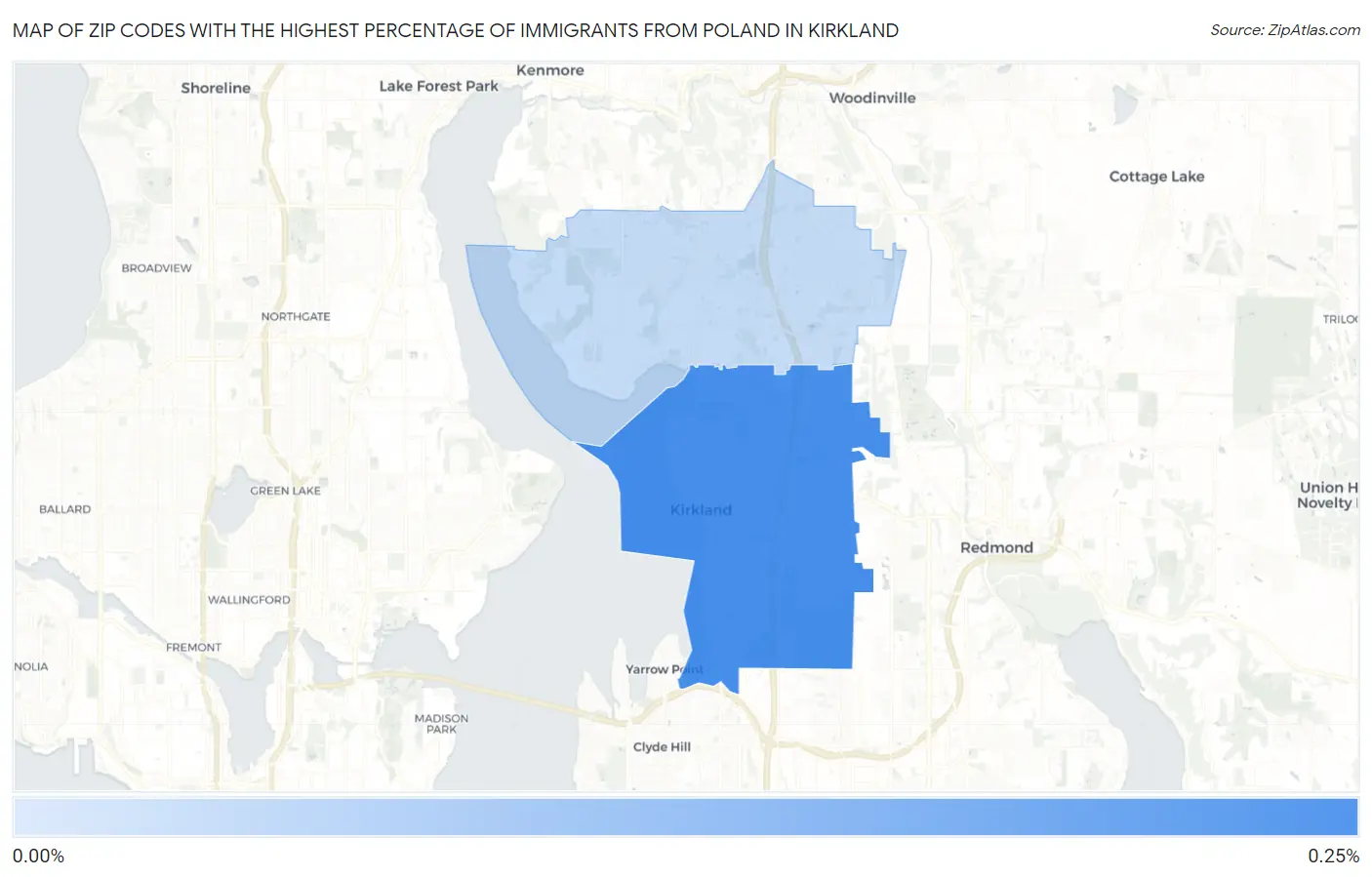Zip Codes with the Highest Percentage of Immigrants from Poland in Kirkland Map