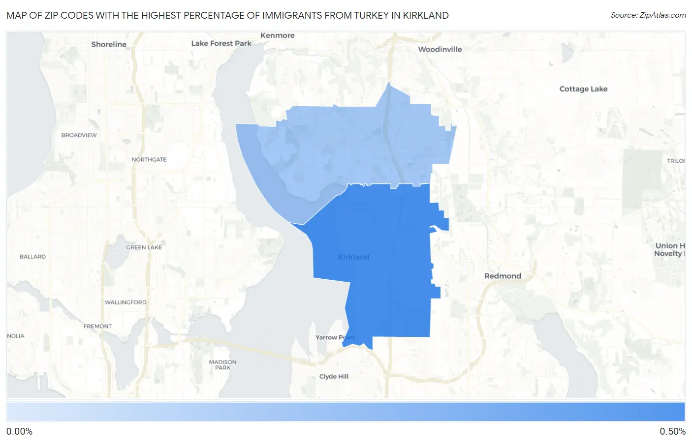 Zip Codes with the Highest Percentage of Immigrants from Turkey in Kirkland Map
