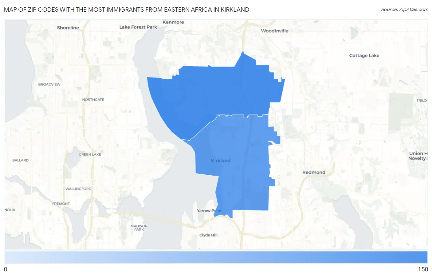 Zip Codes with the Most Immigrants from Eastern Africa in Kirkland Map