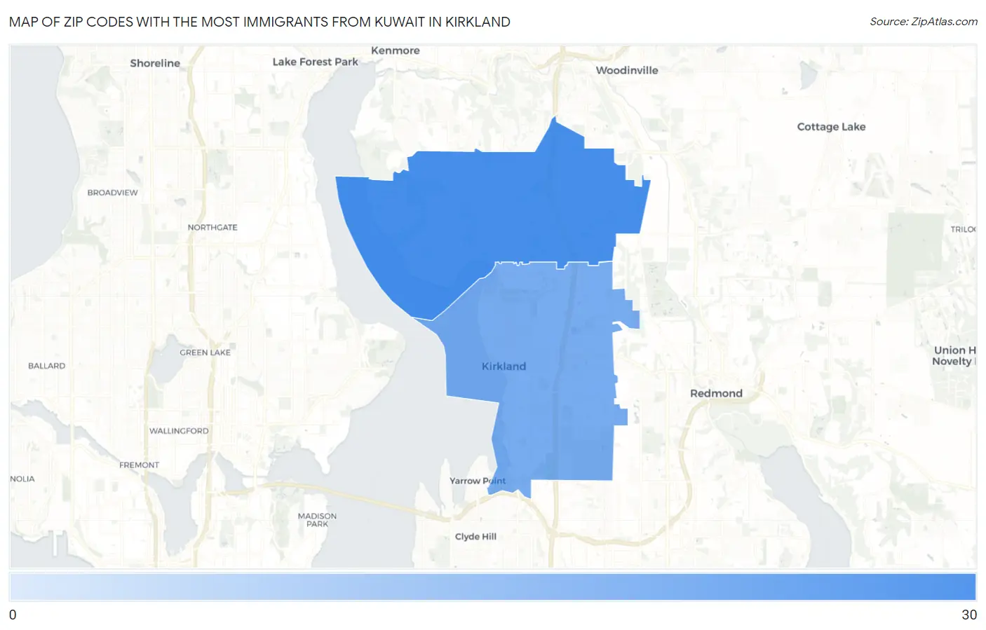 Zip Codes with the Most Immigrants from Kuwait in Kirkland Map
