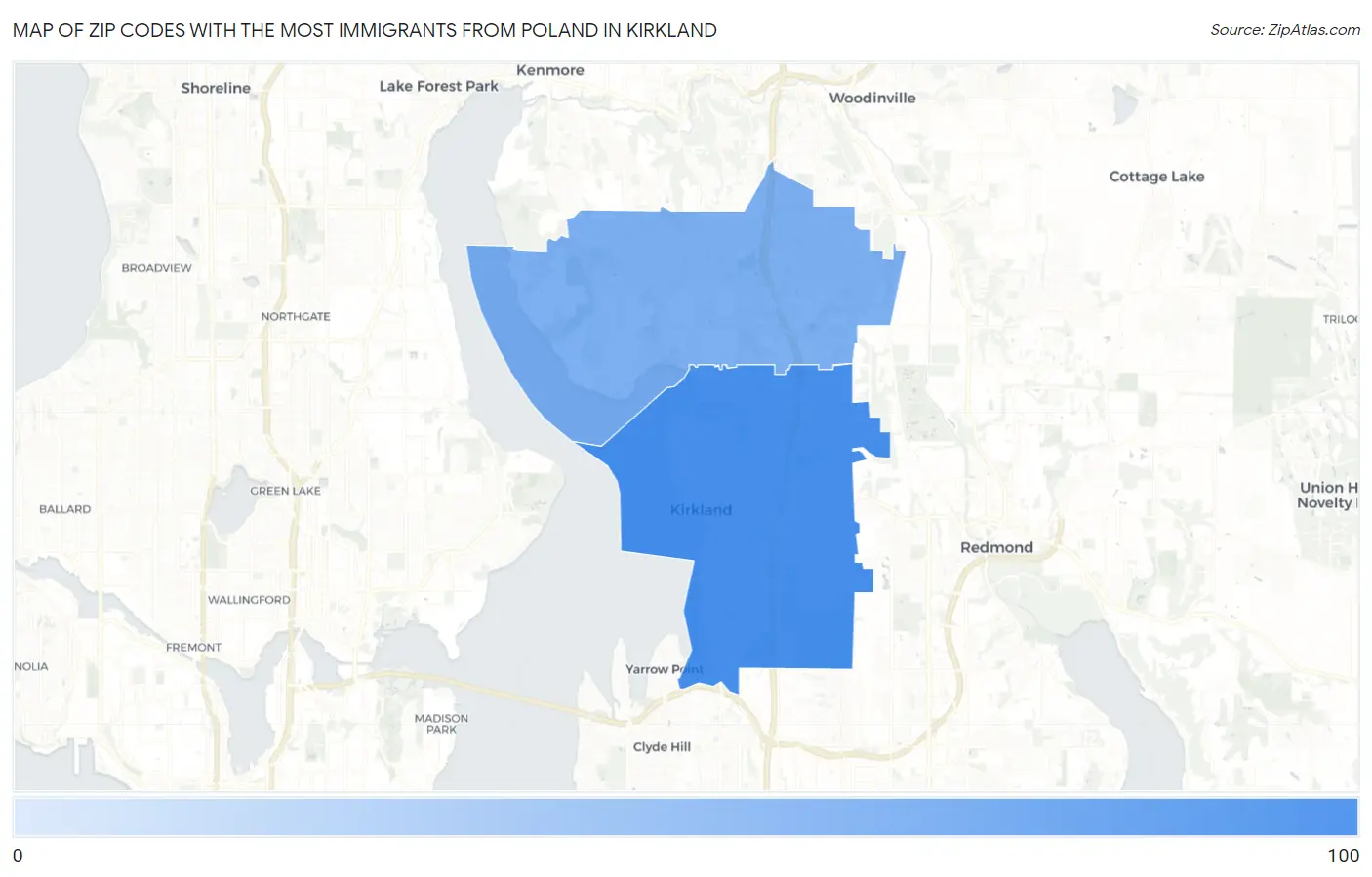 Zip Codes with the Most Immigrants from Poland in Kirkland Map