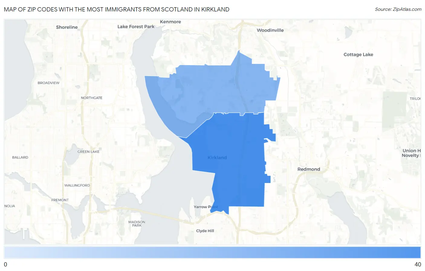 Zip Codes with the Most Immigrants from Scotland in Kirkland Map