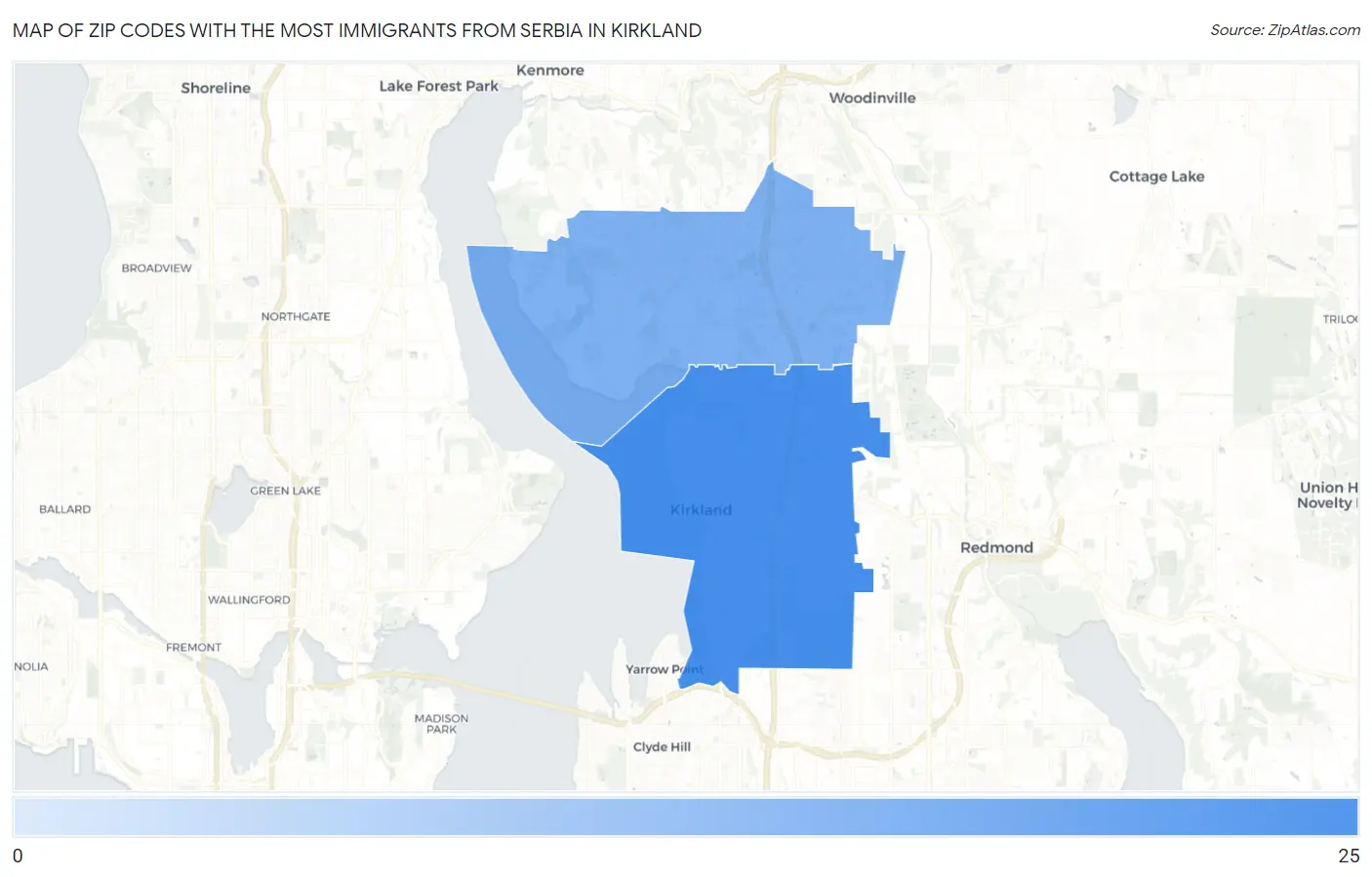 Zip Codes with the Most Immigrants from Serbia in Kirkland Map