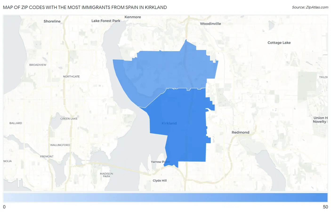 Zip Codes with the Most Immigrants from Spain in Kirkland Map