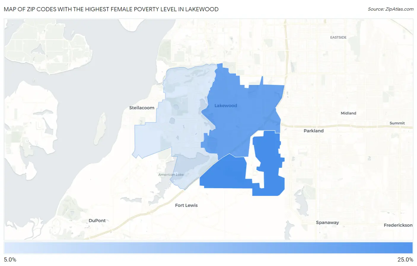 Zip Codes with the Highest Female Poverty Level in Lakewood Map