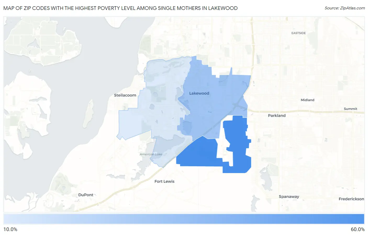 Zip Codes with the Highest Poverty Level Among Single Mothers in Lakewood Map