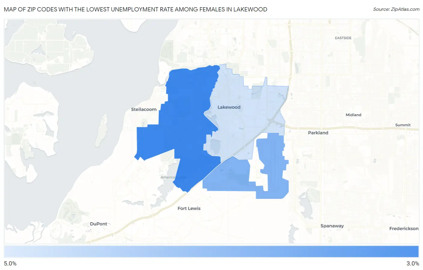 Zip Codes with the Lowest Unemployment Rate Among Females in Lakewood Map