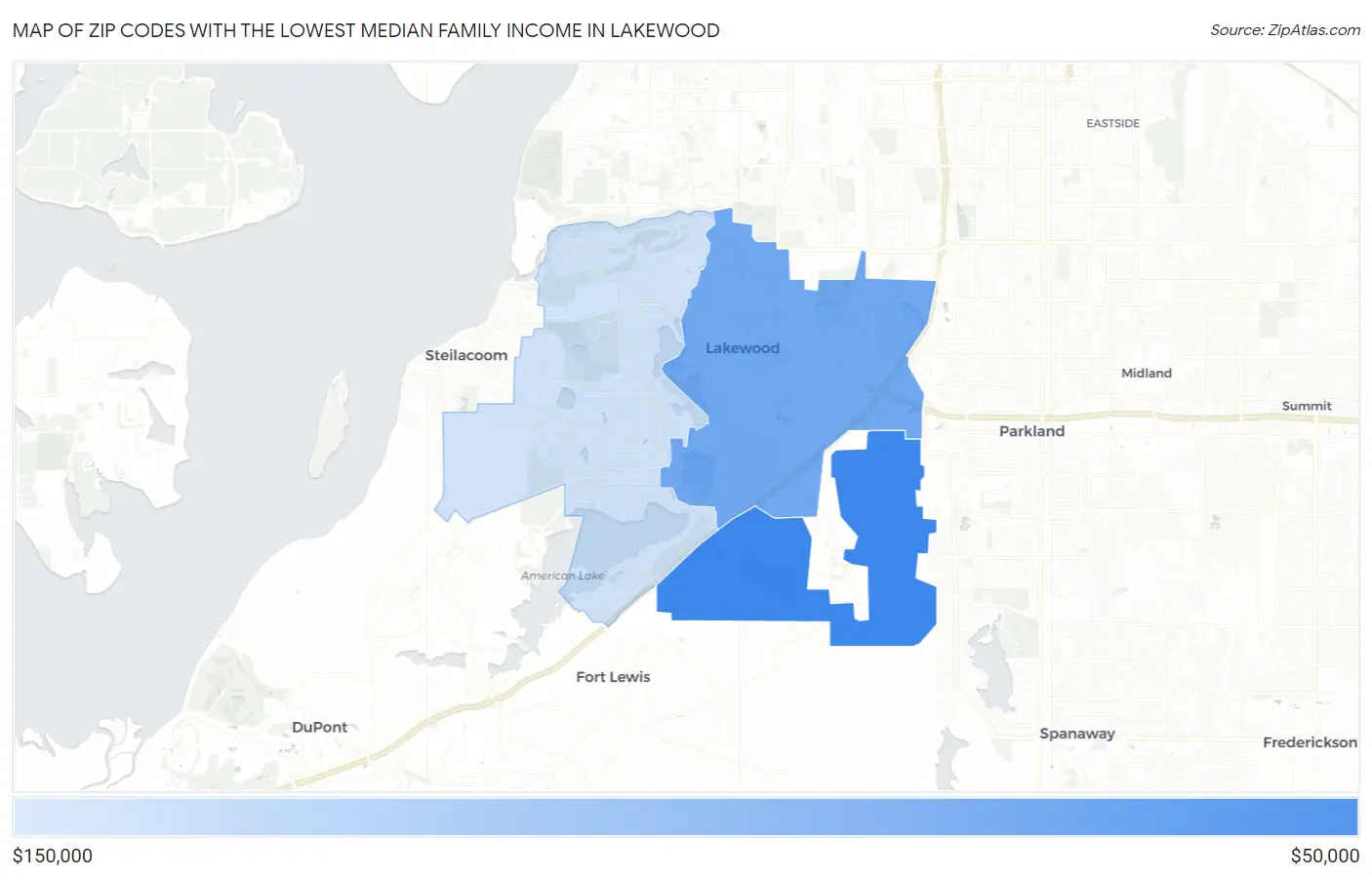Zip Codes with the Lowest Median Family Income in Lakewood Map