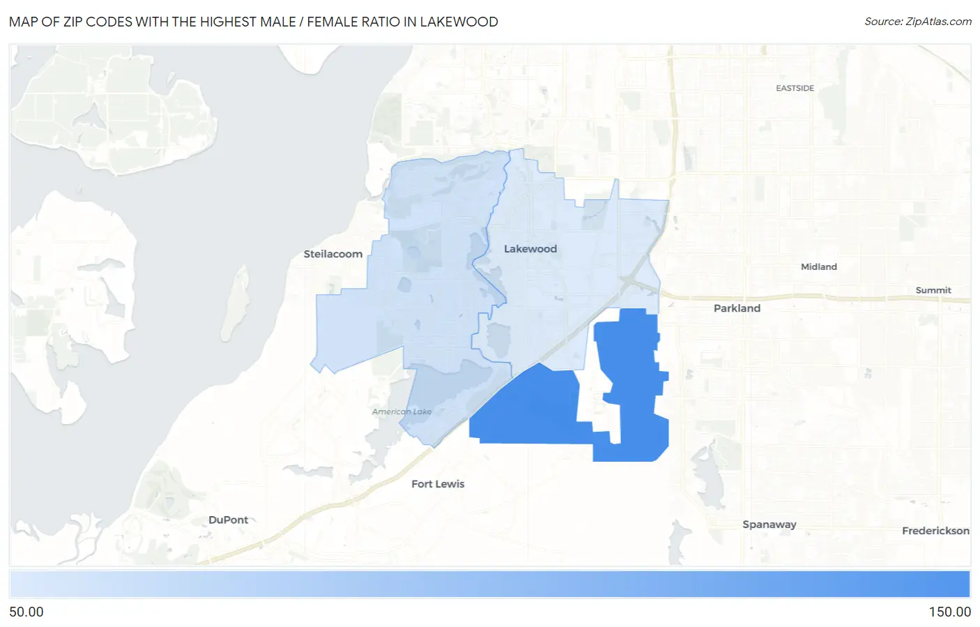 Zip Codes with the Highest Male / Female Ratio in Lakewood Map