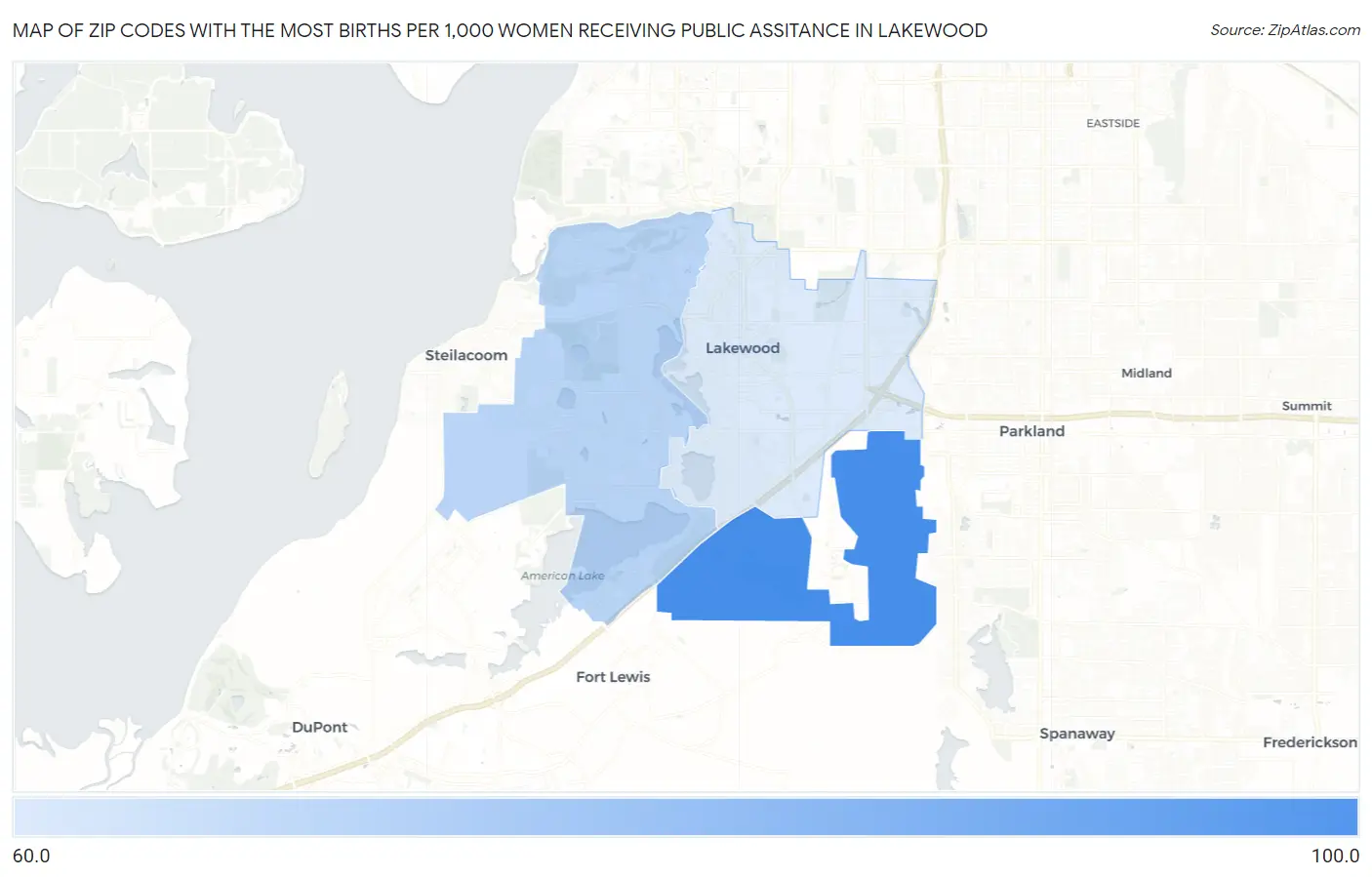 Zip Codes with the Most Births per 1,000 Women Receiving Public Assitance in Lakewood Map