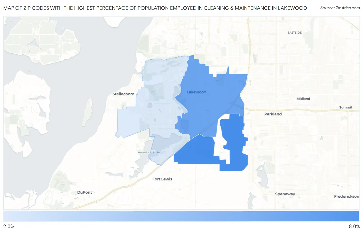 Zip Codes with the Highest Percentage of Population Employed in Cleaning & Maintenance in Lakewood Map