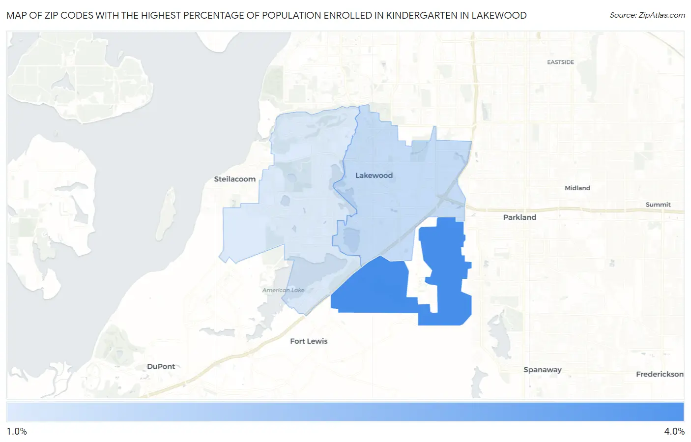 Zip Codes with the Highest Percentage of Population Enrolled in Kindergarten in Lakewood Map