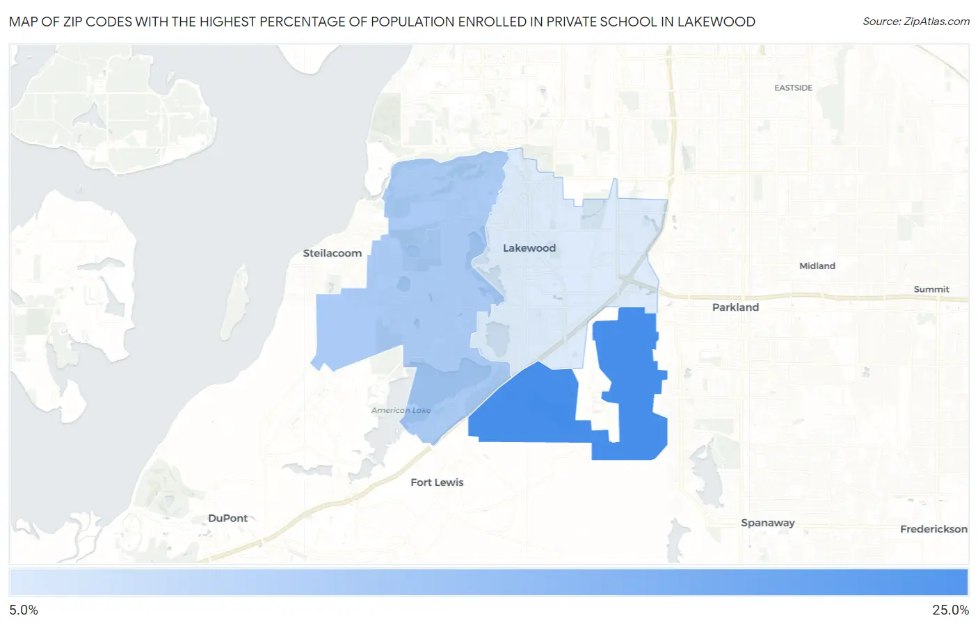 Zip Codes with the Highest Percentage of Population Enrolled in Private School in Lakewood Map
