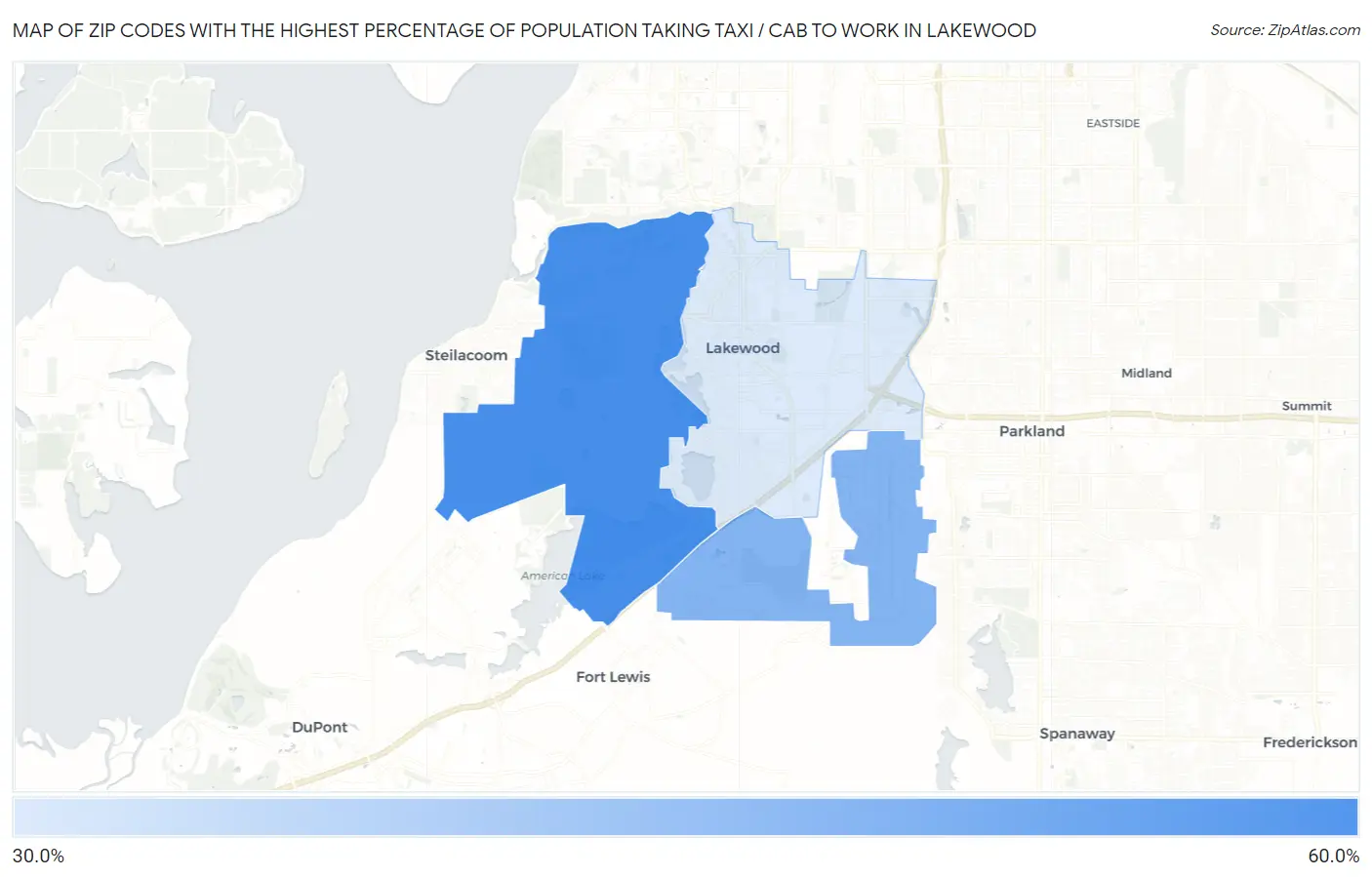 Zip Codes with the Highest Percentage of Population Taking Taxi / Cab to Work in Lakewood Map