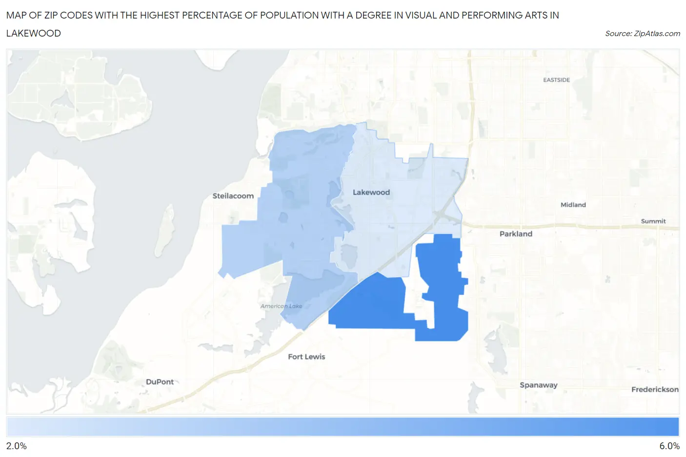 Zip Codes with the Highest Percentage of Population with a Degree in Visual and Performing Arts in Lakewood Map