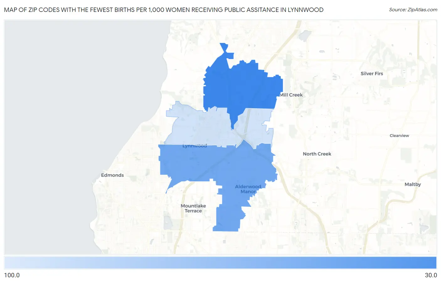 Zip Codes with the Fewest Births per 1,000 Women Receiving Public Assitance in Lynnwood Map