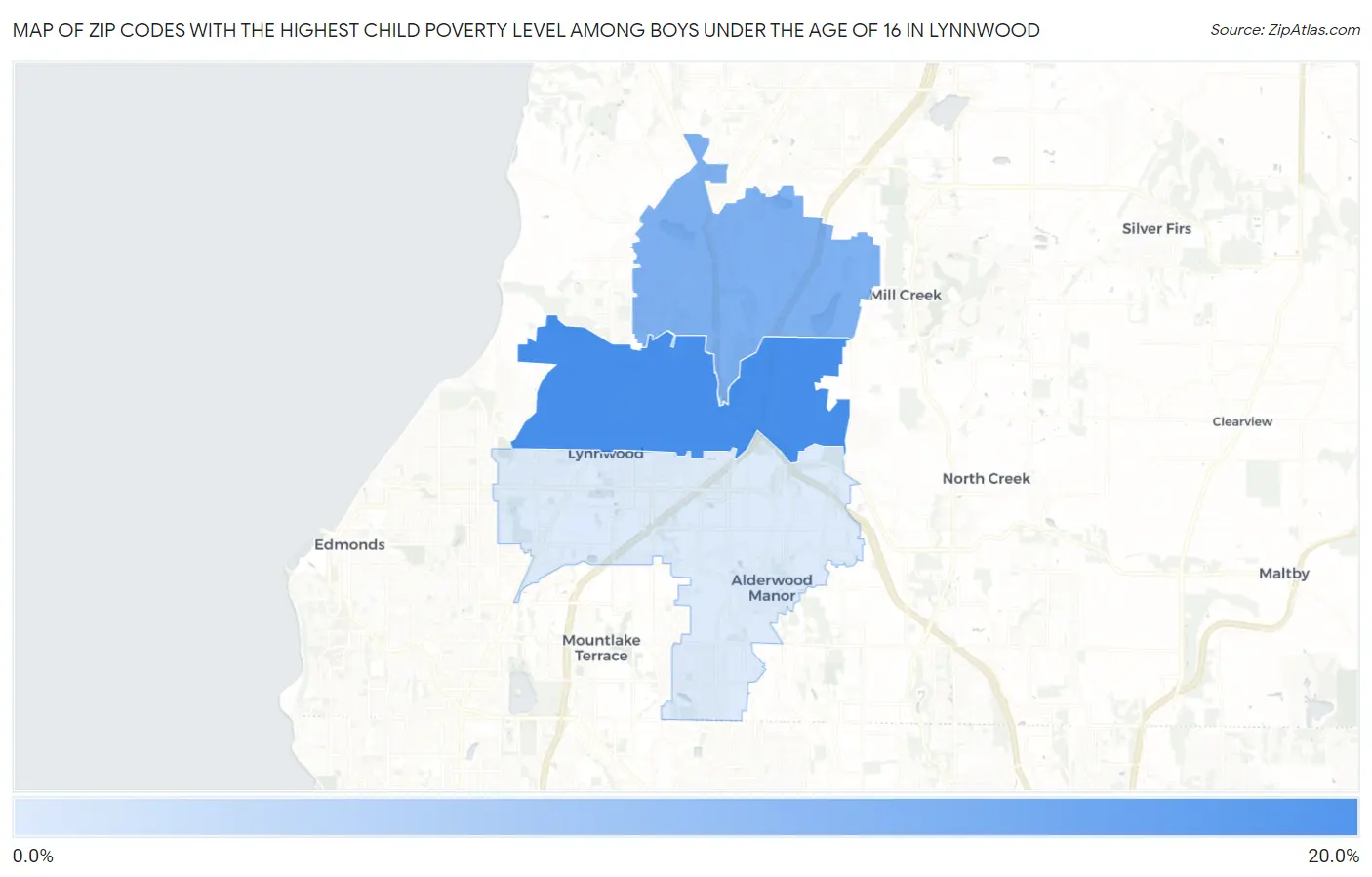 Zip Codes with the Highest Child Poverty Level Among Boys Under the Age of 16 in Lynnwood Map