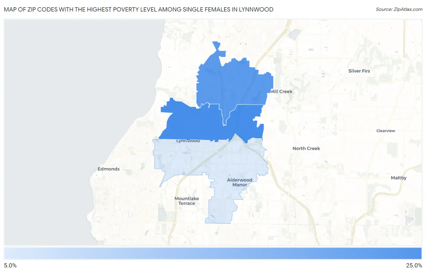 Zip Codes with the Highest Poverty Level Among Single Females in Lynnwood Map