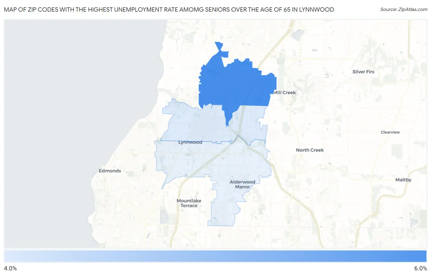 Zip Codes with the Highest Unemployment Rate Amomg Seniors Over the Age of 65 in Lynnwood Map