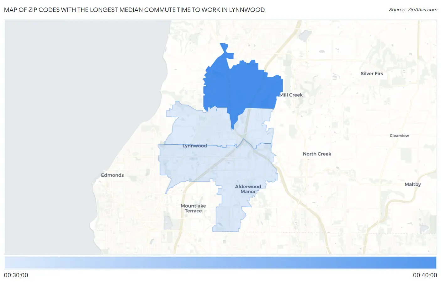 Zip Codes with the Longest Median Commute Time to Work in Lynnwood Map
