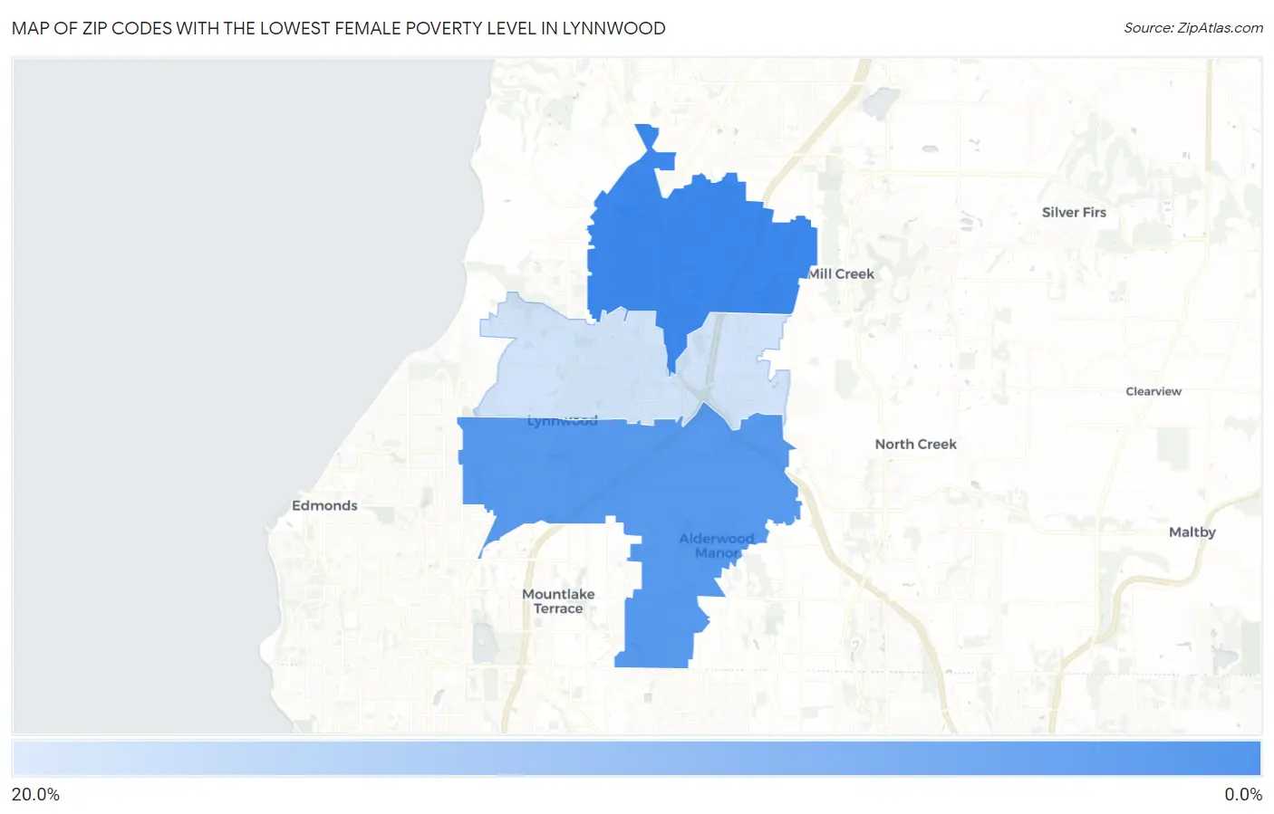 Zip Codes with the Lowest Female Poverty Level in Lynnwood Map