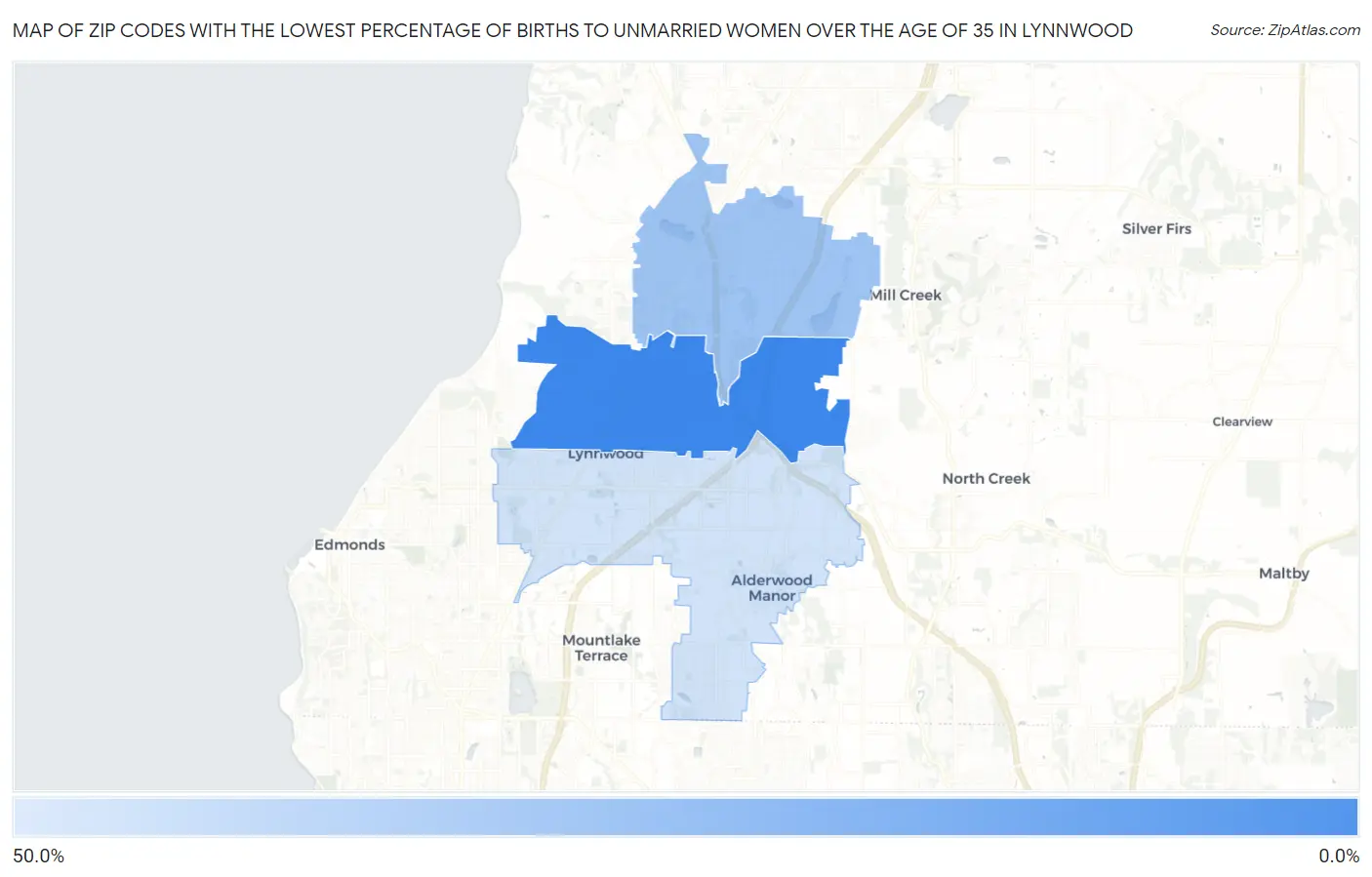 Zip Codes with the Lowest Percentage of Births to Unmarried Women over the Age of 35 in Lynnwood Map