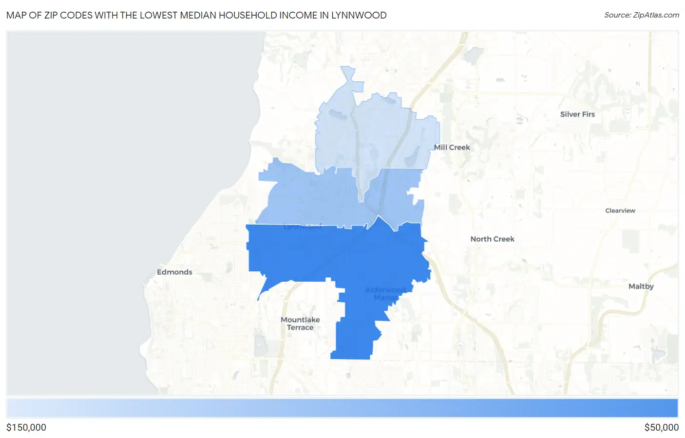 Zip Codes with the Lowest Median Household Income in Lynnwood Map