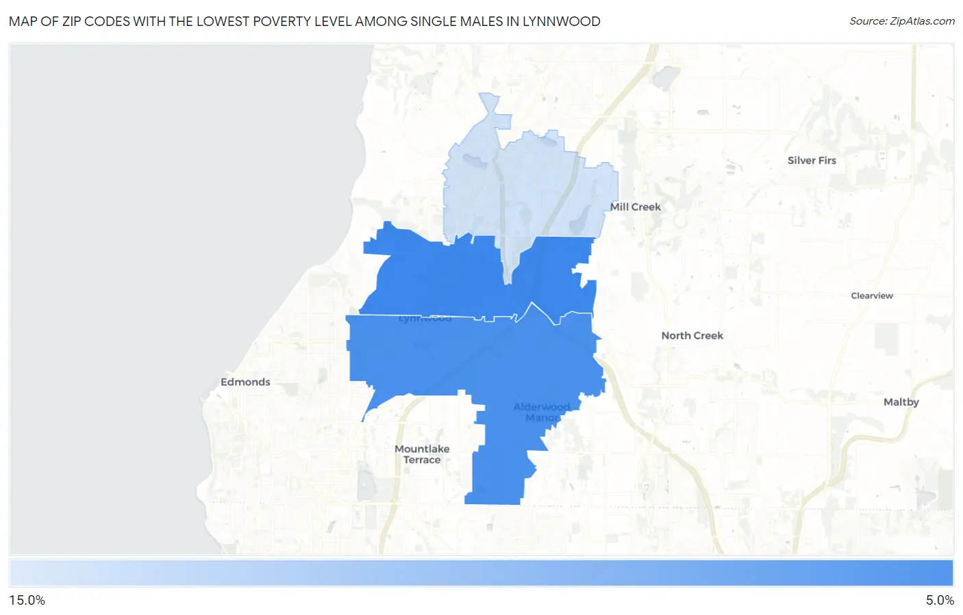 Zip Codes with the Lowest Poverty Level Among Single Males in Lynnwood Map