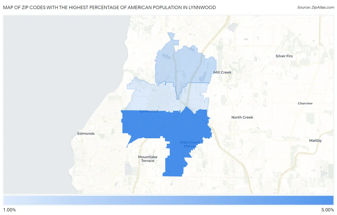 Zip Codes with the Highest Percentage of American Population in Lynnwood Map