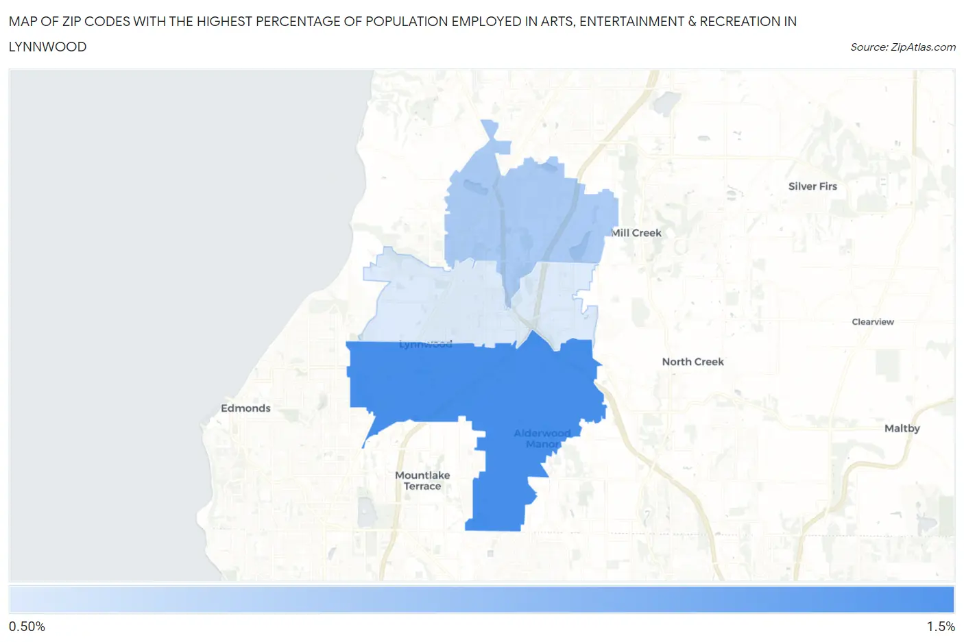 Zip Codes with the Highest Percentage of Population Employed in Arts, Entertainment & Recreation in Lynnwood Map