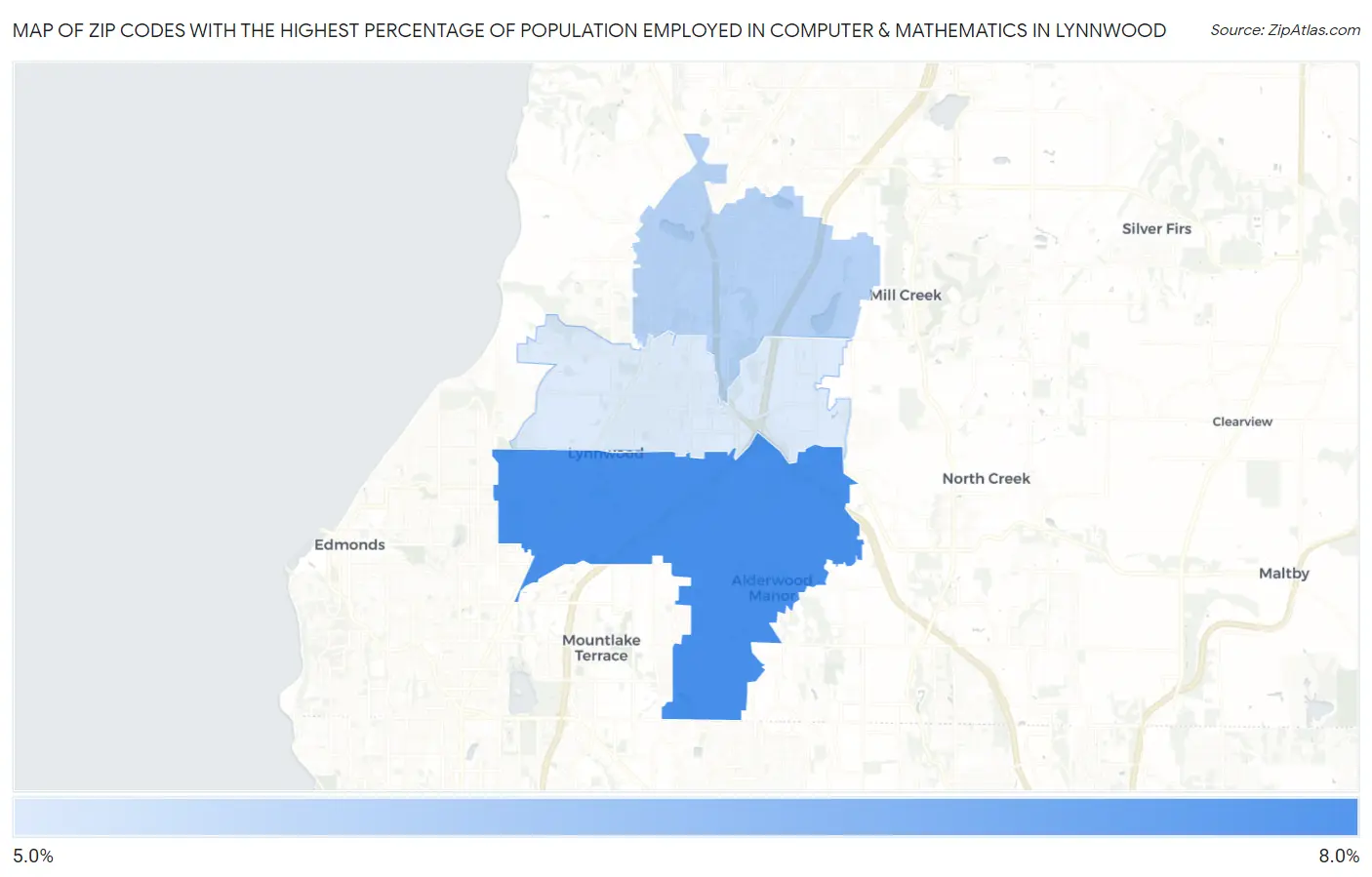 Zip Codes with the Highest Percentage of Population Employed in Computer & Mathematics in Lynnwood Map